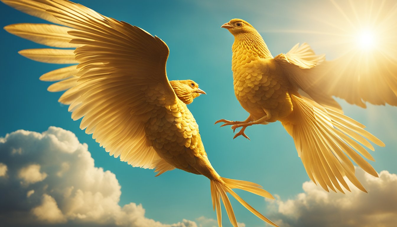 A golden-winged fish and chicken soar through a vibrant, sunlit sky