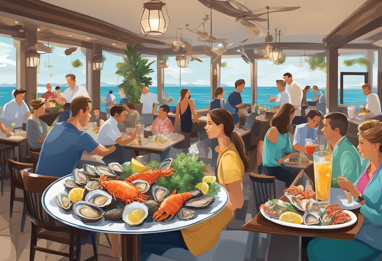 A bustling seafood restaurant with diners enjoying fresh oysters, succulent lobster, and grilled fish, all served with vibrant garnishes and accompanied by exotic cocktails