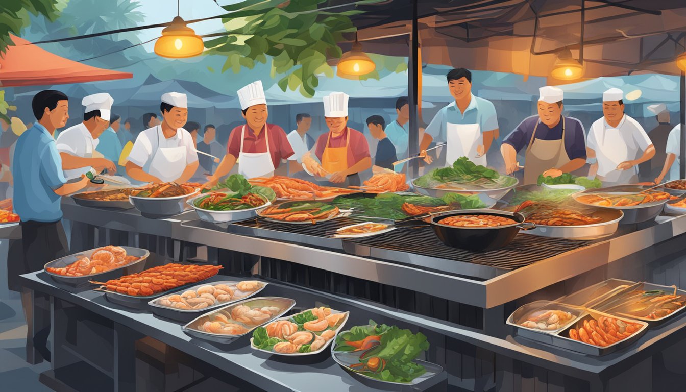 A sizzling grill cooks an array of fresh seafood, emitting tantalizing aromas in a bustling Singapore street market