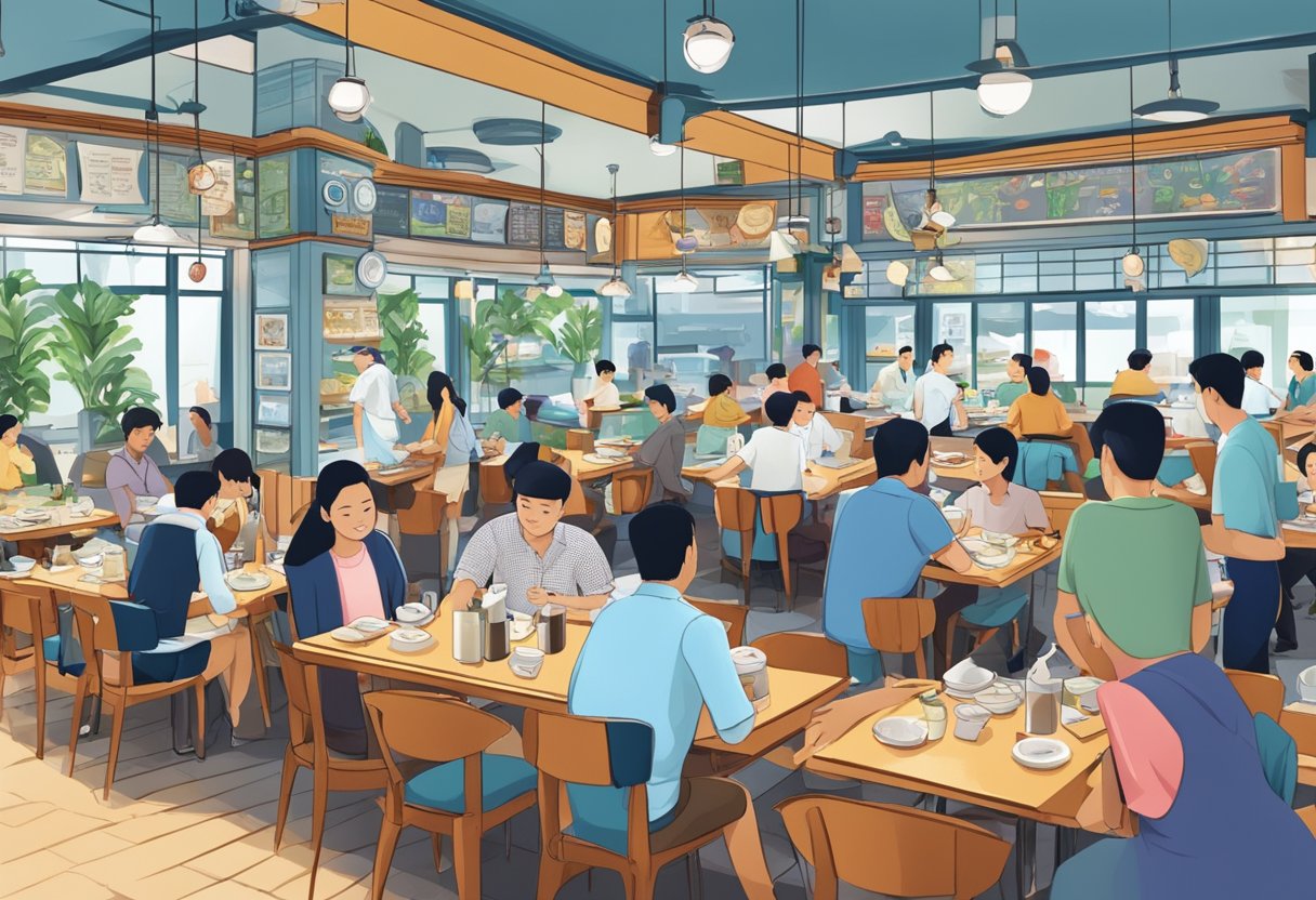 A bustling seafood restaurant in Singapore, with diners enjoying their meals and staff tending to customers' frequently asked questions