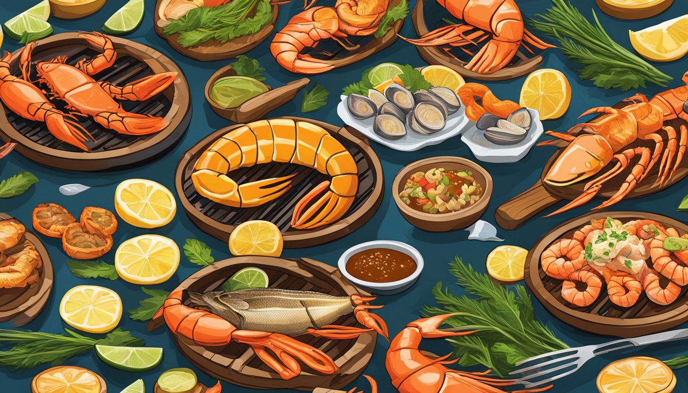 A sizzling array of grilled seafood sizzles on the hot grill, sending tantalizing aromas wafting through the air. The vibrant colors and mouthwatering textures of the fresh seafood create an enticing display for any hungry onlooker