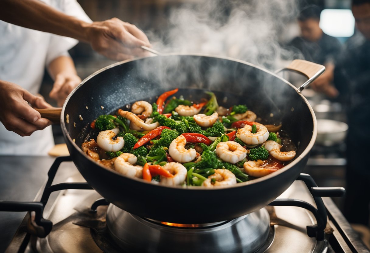 A wok sizzles with garlic, ginger, and chili as fresh seafood is added. Steam rises as the chef tosses in soy sauce, oyster sauce, and a splash of rice wine