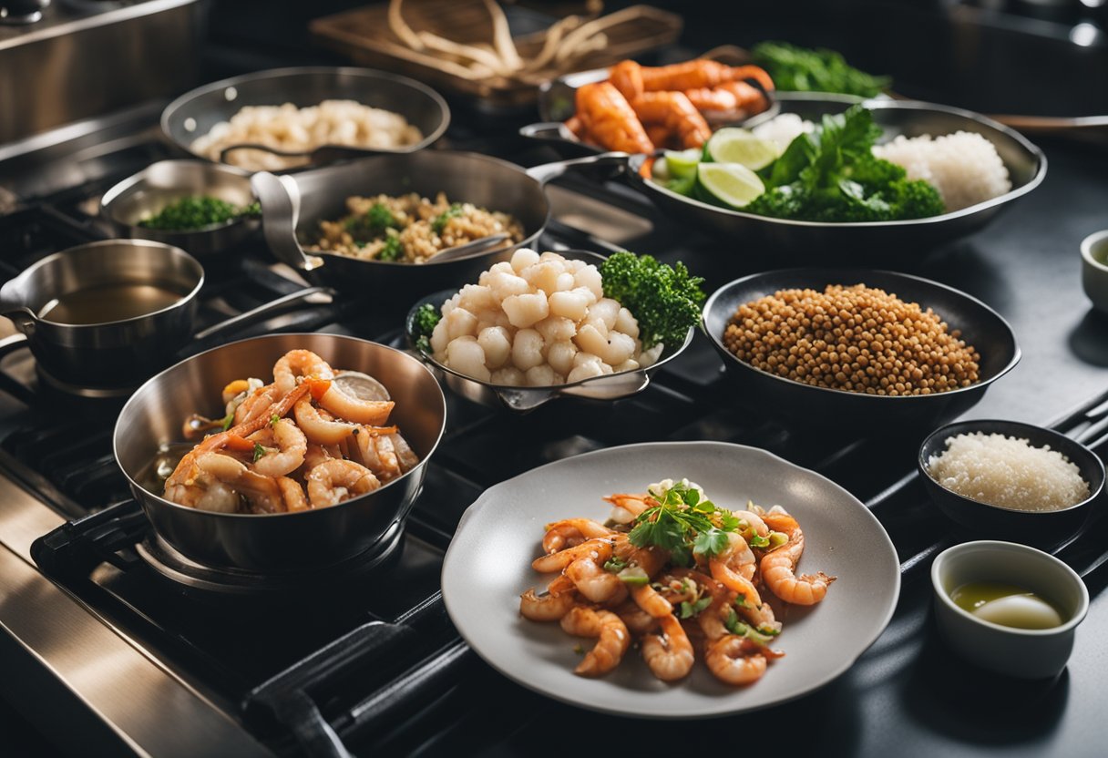 Fresh seafood, ginger, garlic, and soy sauce arranged on a kitchen counter. A wok sizzles as a chef stir-fries the ingredients with precision