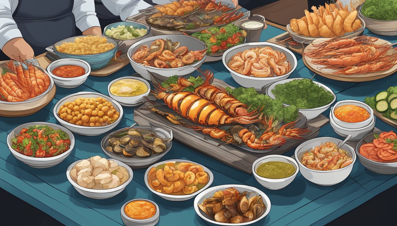 A table adorned with an assortment of grilled seafood delicacies, accompanied by vibrant side dishes and condiments, set against a backdrop of a bustling seafood market in Singapore