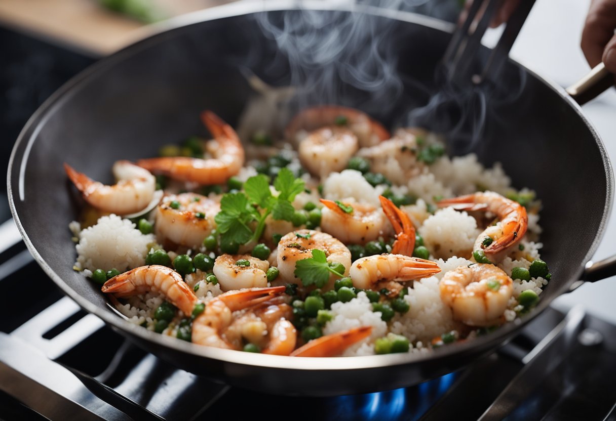 Seafood sizzling in a wok over high heat. A chef adds aromatic spices and sauces, then serves the dish on a bed of steamed rice