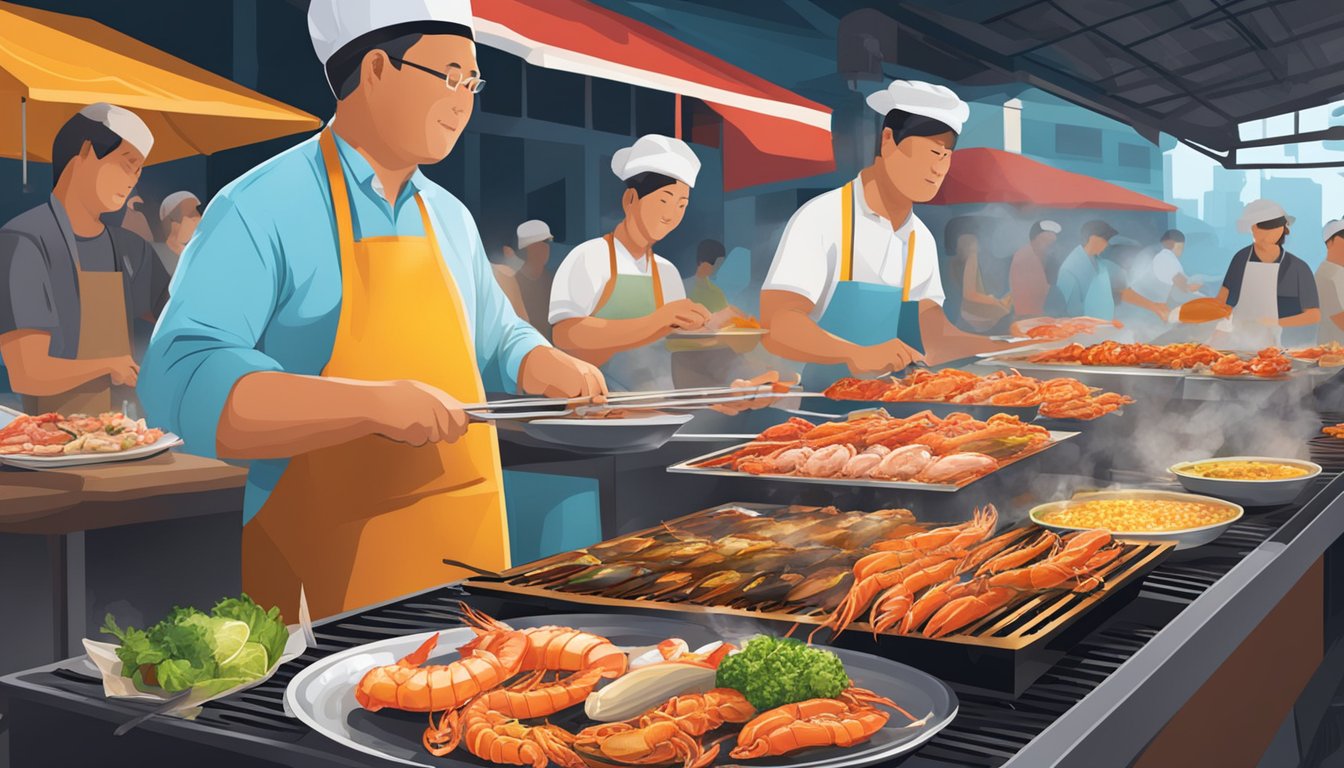 A sizzling grill cooks an assortment of fresh seafood, emitting mouth-watering aromas at a bustling Singapore street food market