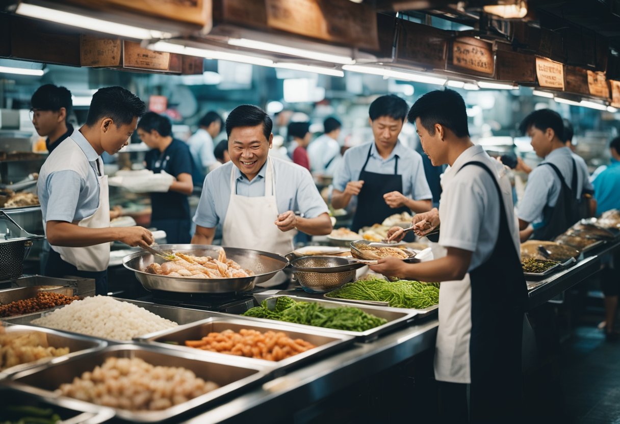 A bustling Singaporean seafood market with vendors cooking and serving Chinese dishes, surrounded by eager customers asking questions