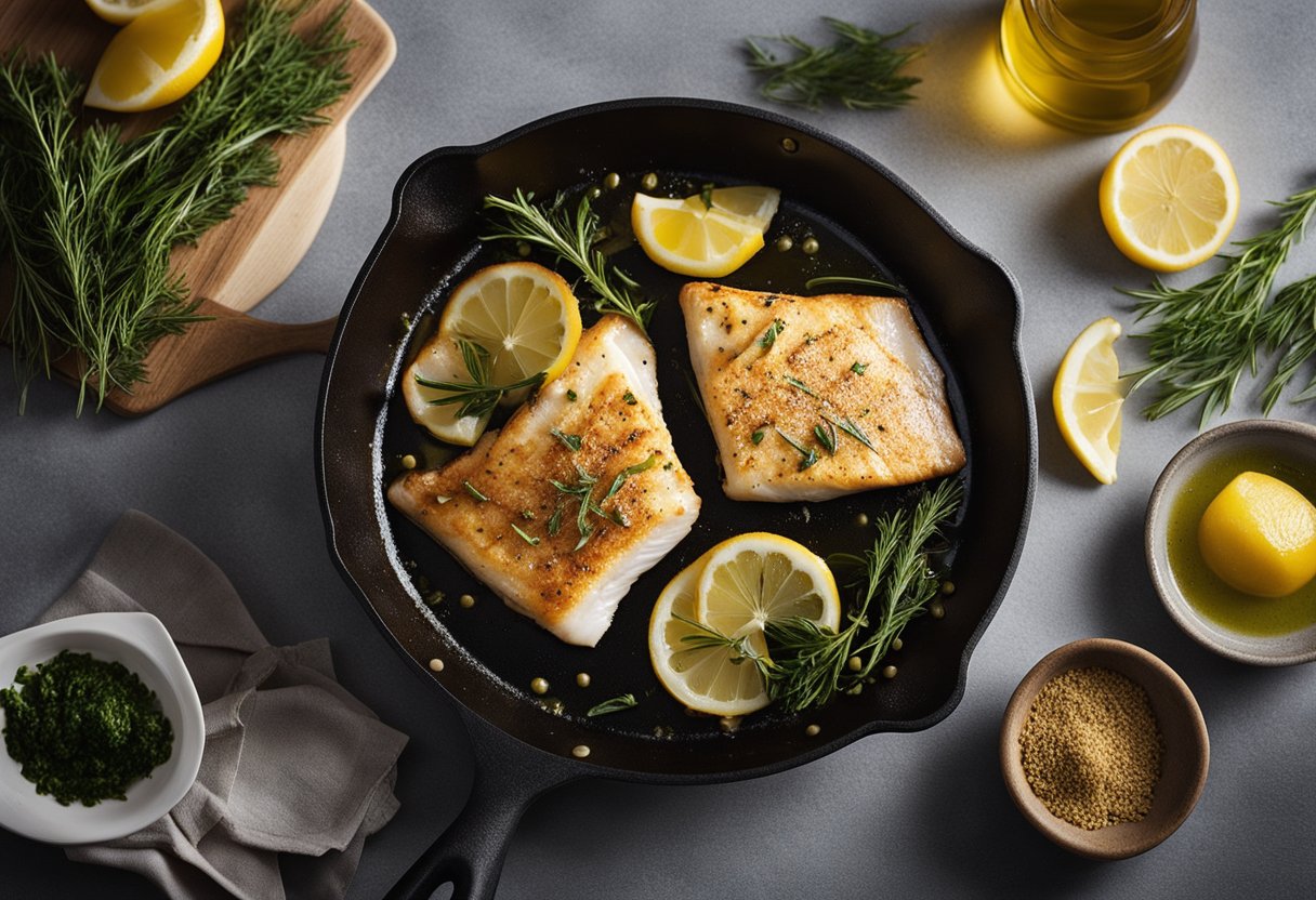 A skillet sizzles with olive oil as a fillet of cod is gently placed in. The fish is seasoned with herbs and spices, then flipped and cooked until golden brown