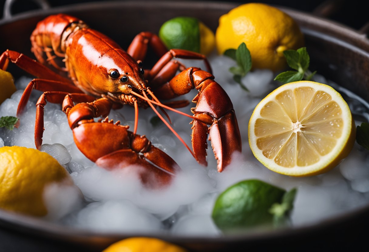 Lobster boiling in a large pot of water, steam rising, red shell turning bright orange, surrounded by lemons and herbs