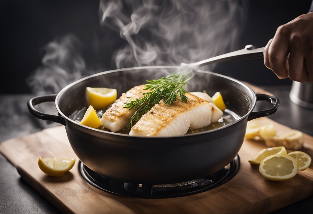 A pot of boiling water with a piece of cod fish being gently lowered in. A skillet with sizzling oil and a fillet of cod being seared