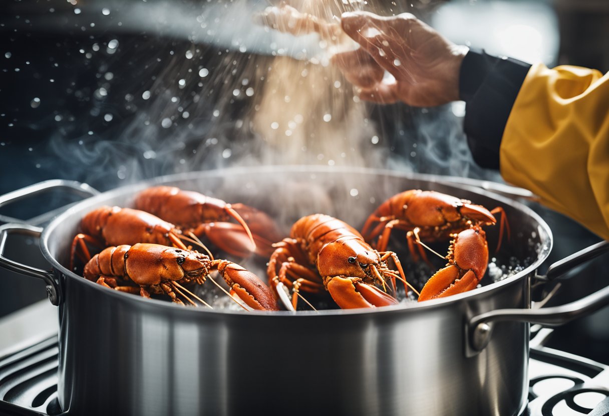 Lobster being boiled in a large pot of water with steam rising
