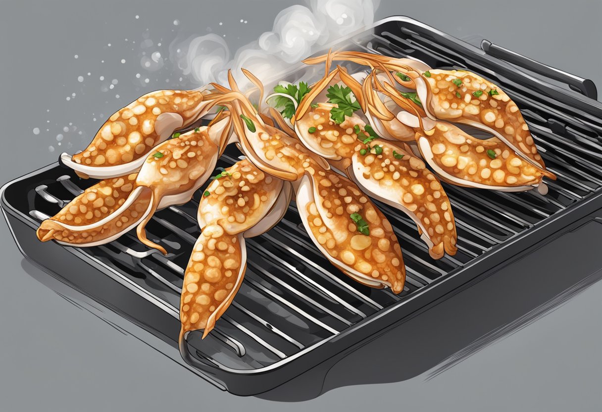 Grilled squid sizzling on a hot grill, emitting a savory aroma, with cholesterol molecules floating in the air