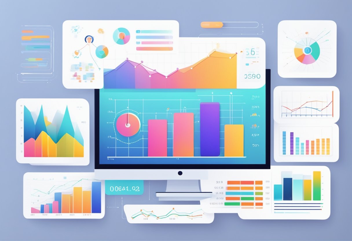 AI algorithms analyzing data, generating income online. Graphs and charts displaying growth and potential. AI technology at work for financial gain