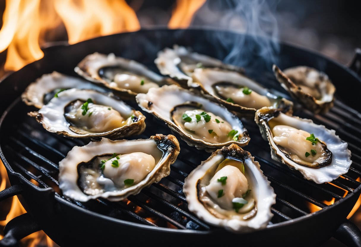 Grilled oysters sizzling on a hot grill, smoke rising, shells slightly charred, and buttery garlic aroma filling the air