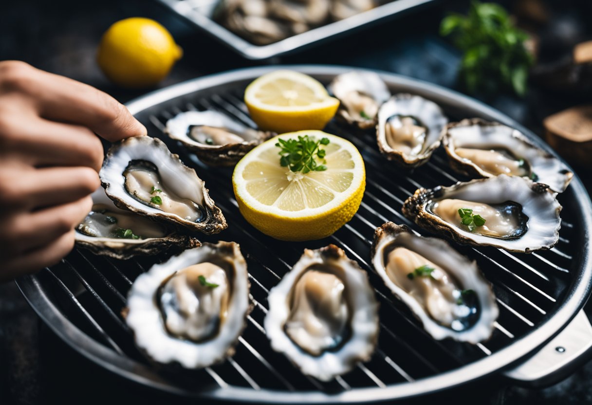 A hand holding a fresh oyster, a grill sizzling in the background, a sprinkle of seasoning, and a squeeze of lemon