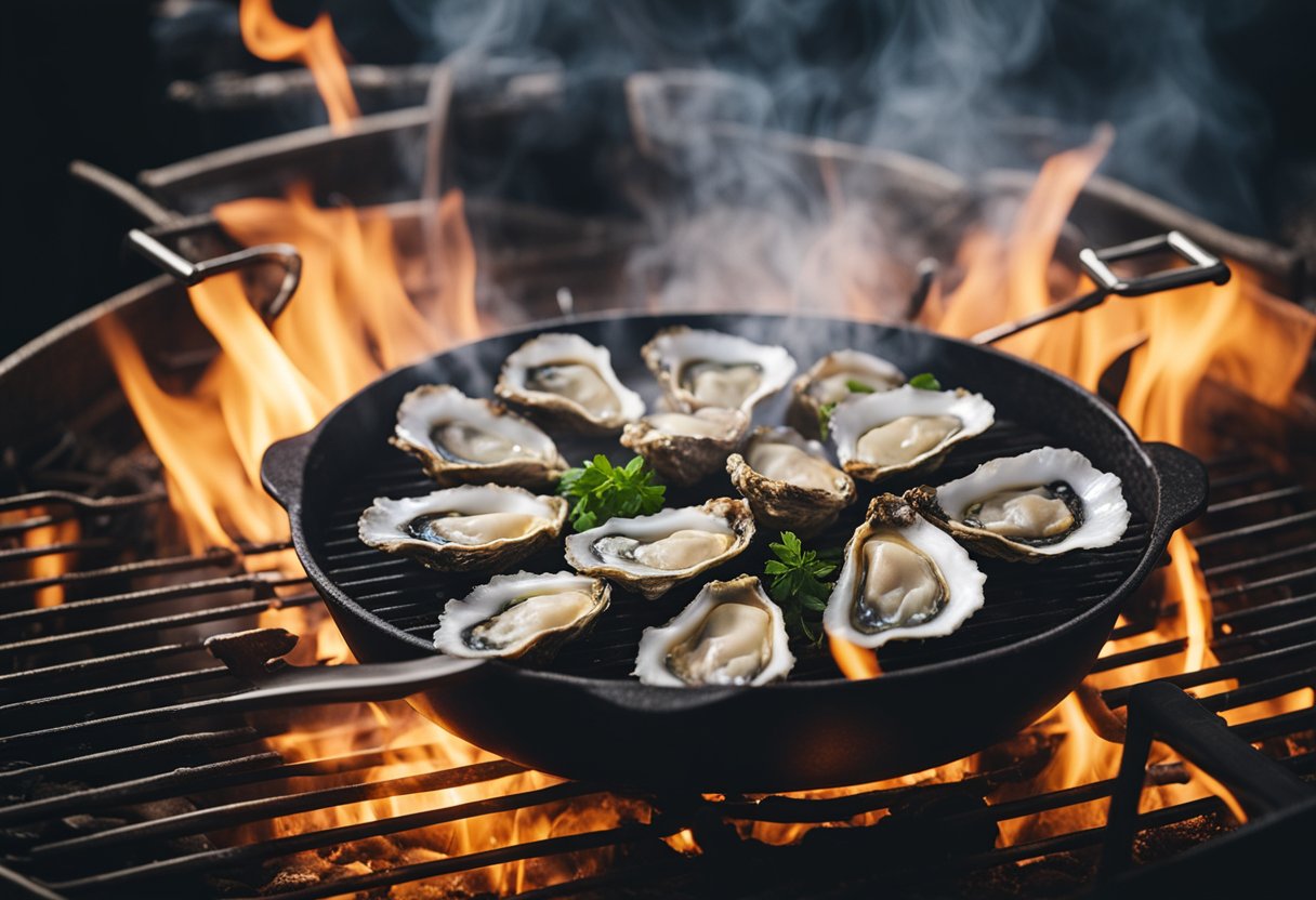 Oysters sizzling on a hot grill, smoke rising. A hand with tongs flips them. Placing on a platter, garnishing with herbs
