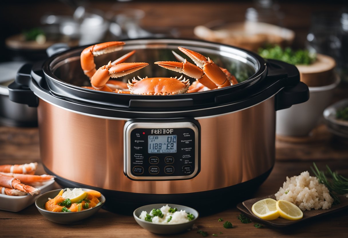 Crab legs placed in Instant Pot, steam rising, timer set, lid closed