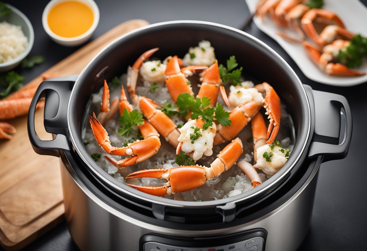Crab legs placed in Instant Pot, steam rising, timer set, FAQ page open on a tablet