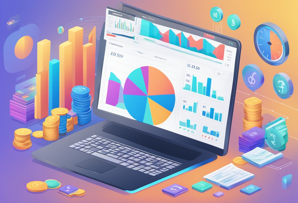 AI algorithms generate money online, depicted by a computer screen displaying financial transactions and graphs