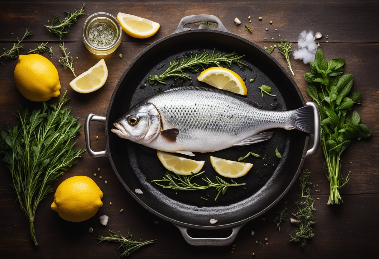Drum fish sizzling in a hot pan with herbs and lemon slices, steam rising. A chef's knife and cutting board nearby