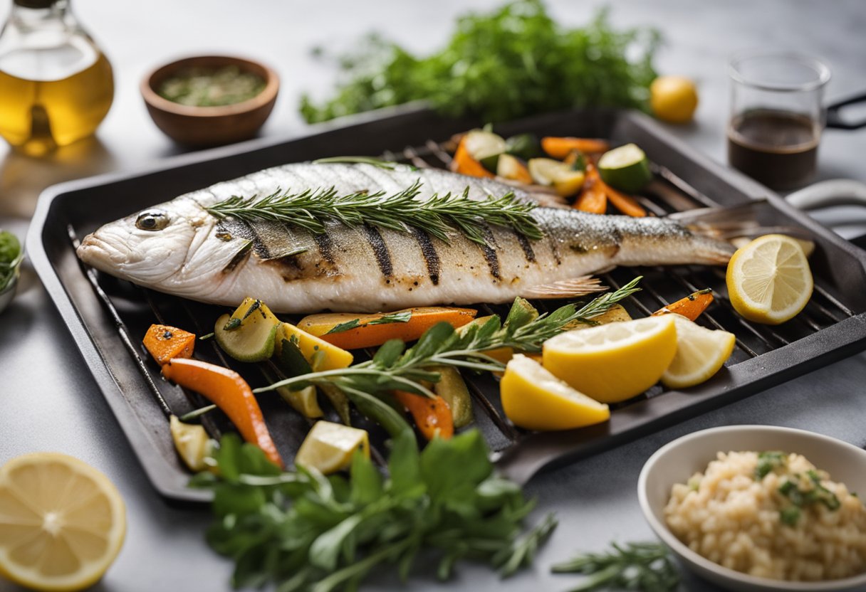 A chef grills a whole drum fish, seasoning it with herbs and lemon. A side dish of roasted vegetables is prepared to pair with the fish