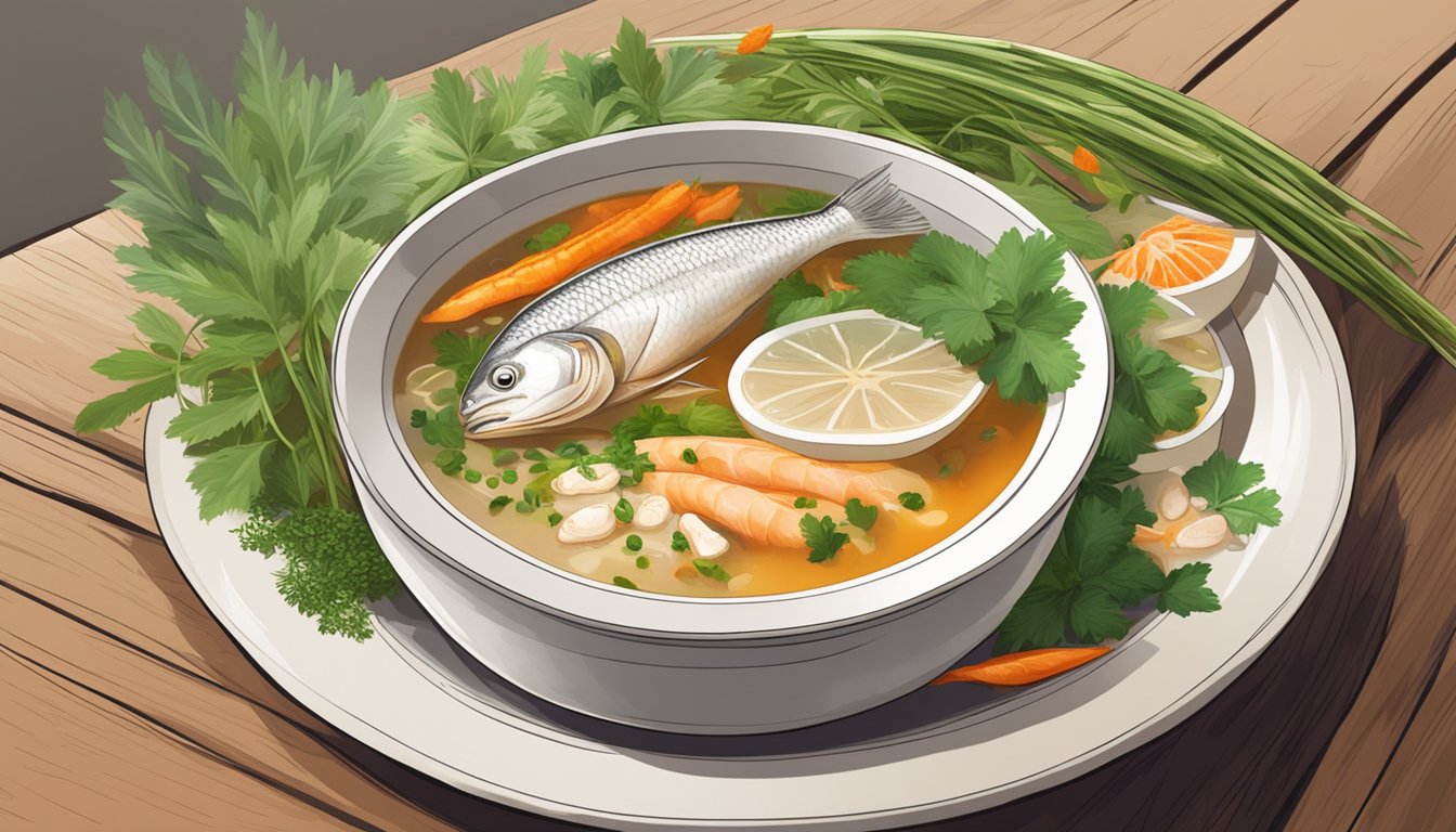 A steaming bowl of Hai Chew fish soup sits on a wooden table, garnished with fresh herbs and slices of fish