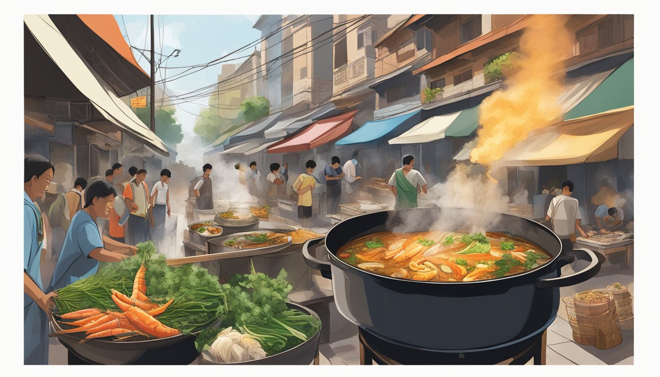 A steaming pot of Hai Chew fish soup simmering over a charcoal fire, surrounded by fresh herbs and spices, with a backdrop of bustling street vendors and local fishermen