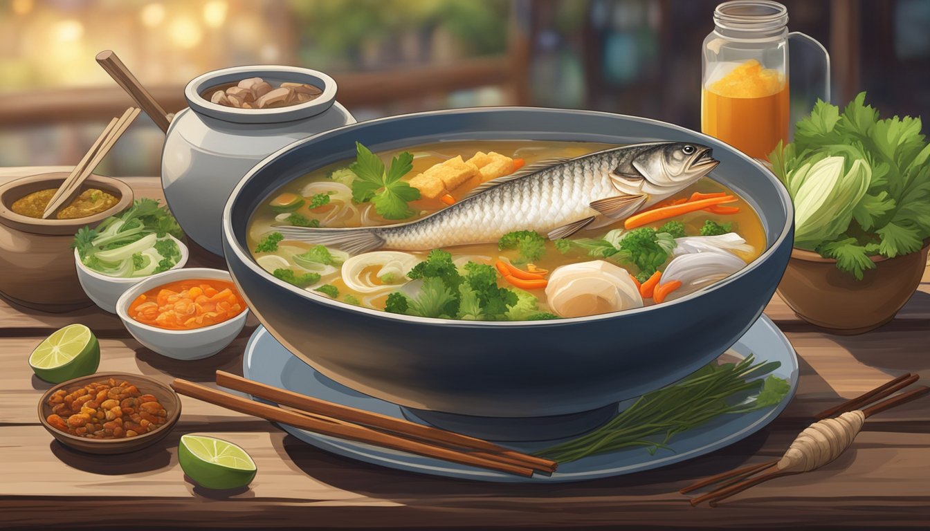 A steaming bowl of Hai Chew fish soup, filled with chunks of tender fish, fresh vegetables, and aromatic herbs, sits on a rustic wooden table, surrounded by colorful jars of assorted spices and condiments