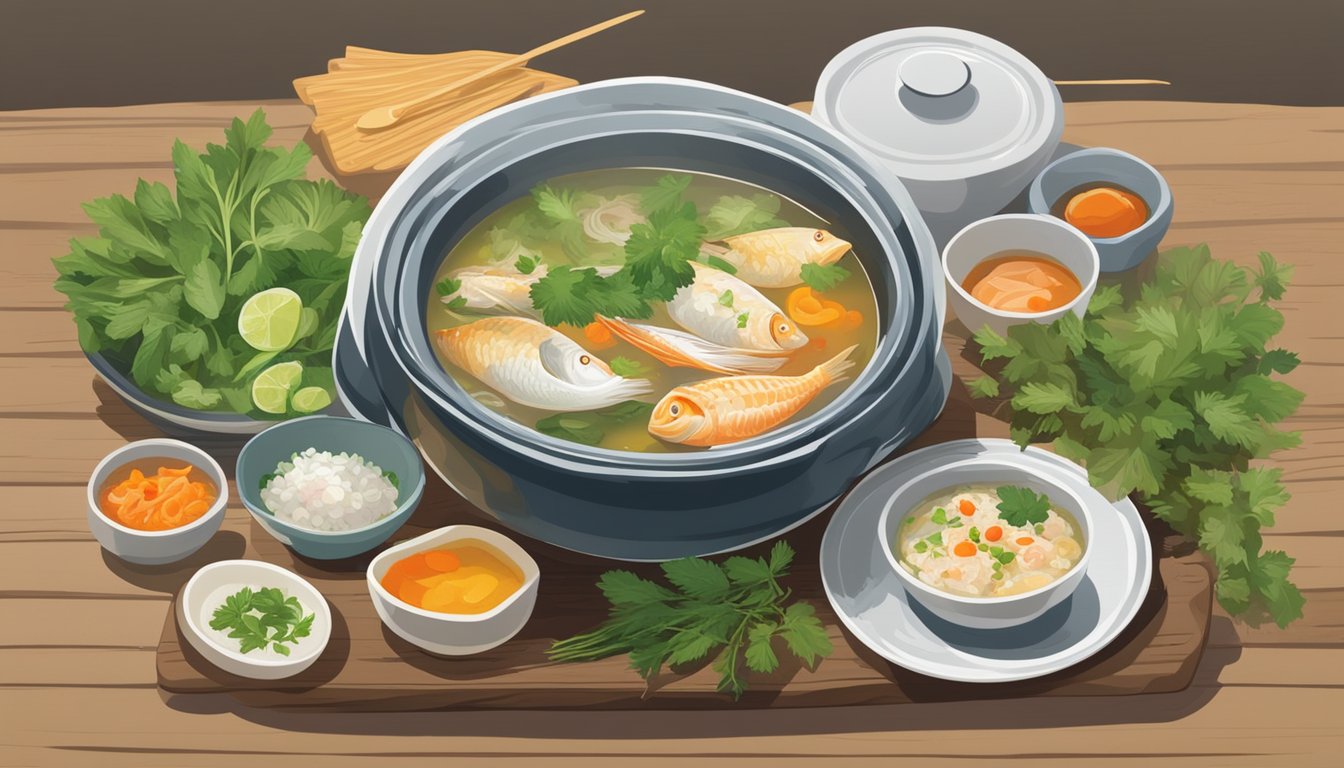A steaming bowl of Hai Chew fish soup sits on a rustic wooden table, surrounded by fresh herbs and condiments. A spoon rests beside the bowl, ready for the next satisfying bite