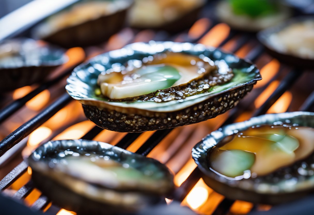A live abalone is placed on a hot grill, sizzling as it cooks. The shell begins to open, revealing the tender meat inside