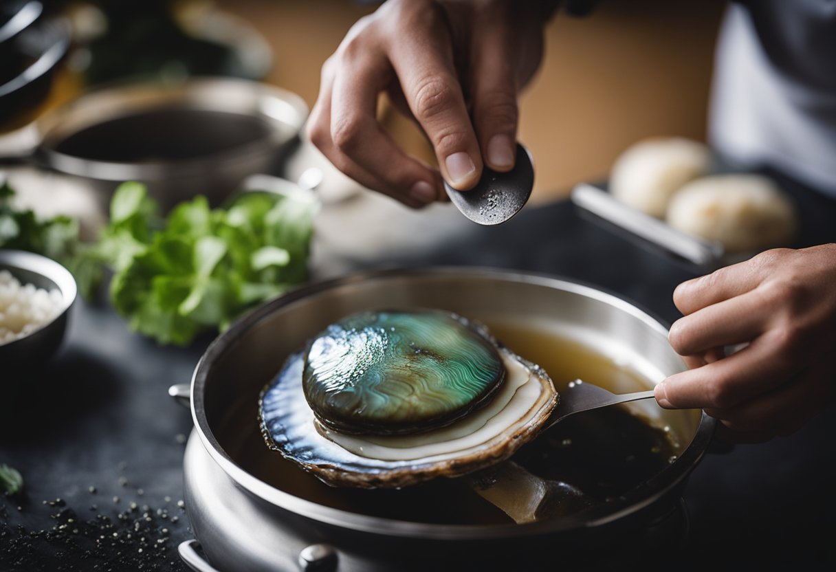 A live abalone is being gently placed into a pot of boiling water, steam rising as it cooks. A chef's knife and cutting board sit nearby