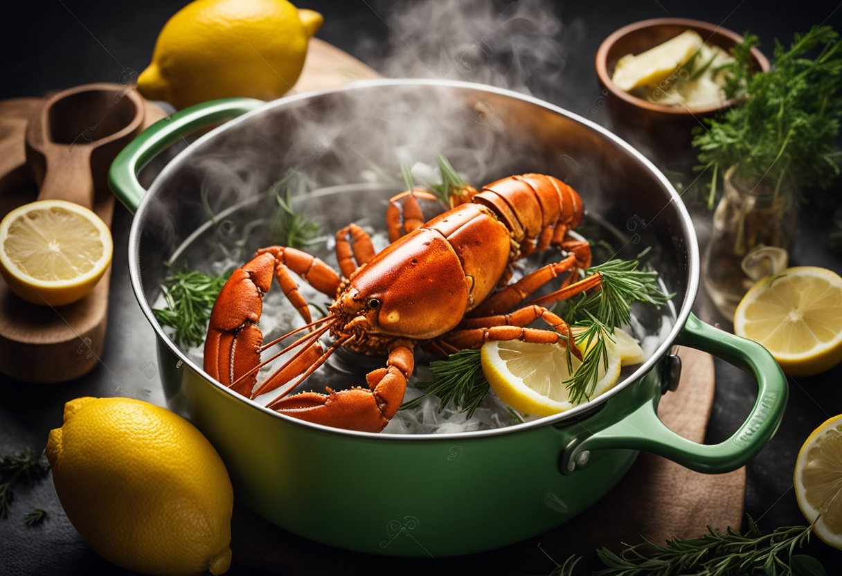 A pot of boiling water with a lobster being lowered in. Lemon, butter, and herbs on the side