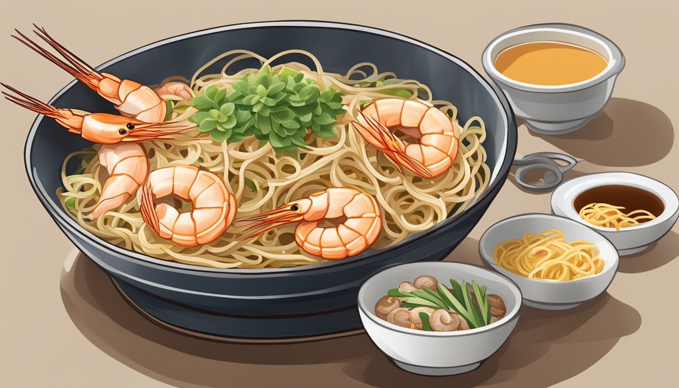 A steaming plate of Hainan fried Hokkien prawn mee, topped with succulent prawns, tender noodles, and a rich, flavorful sauce