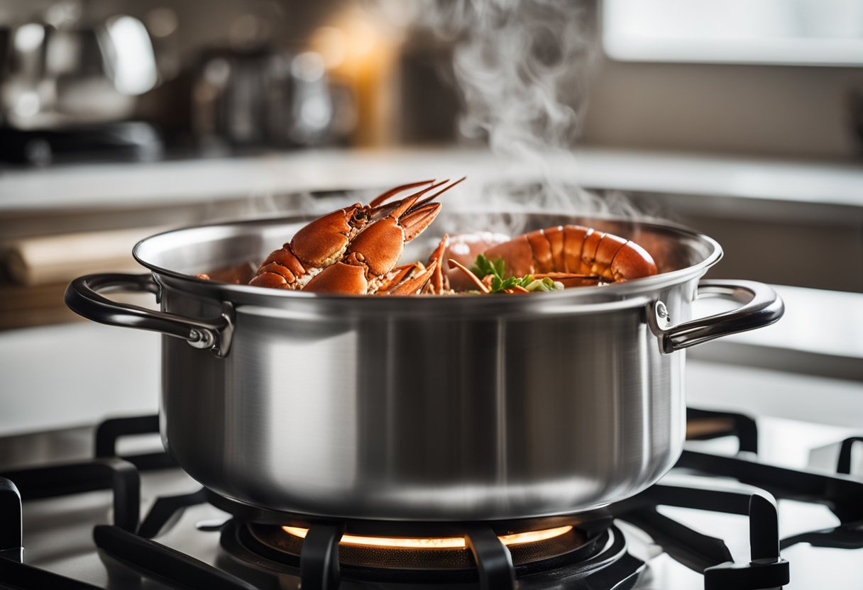 A pot of boiling water with a lobster being lowered in. A pair of tongs nearby, and a timer set on the counter
