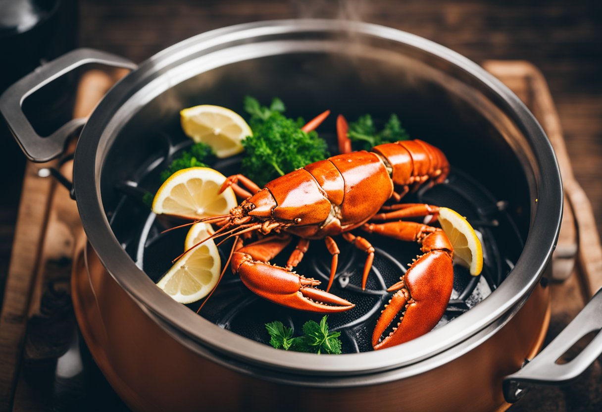 Lobster being steamed in a large pot, with steam rising and a timer set. Lemon slices and herbs nearby for seasoning