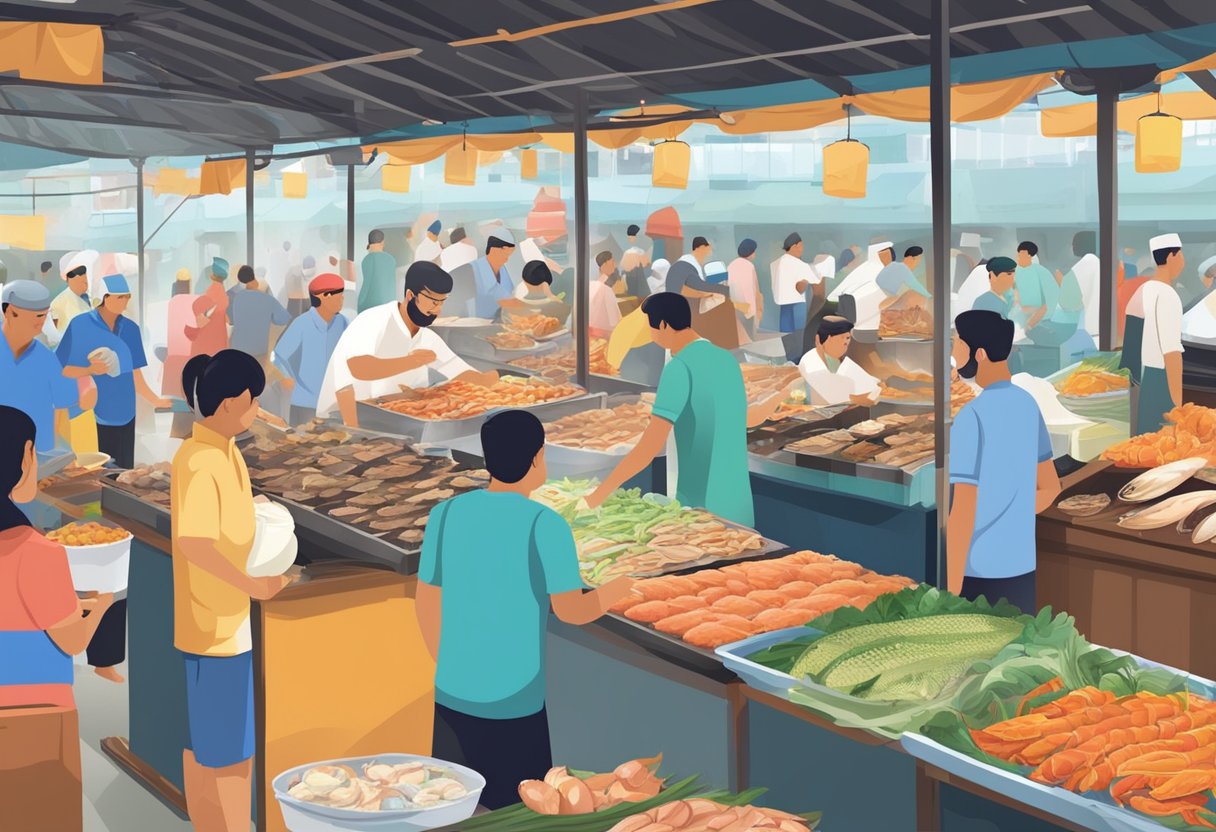 A bustling seafood market in Punggol, Singapore, with colorful stalls selling fresh halal seafood, surrounded by eager customers and the aroma of sizzling grills