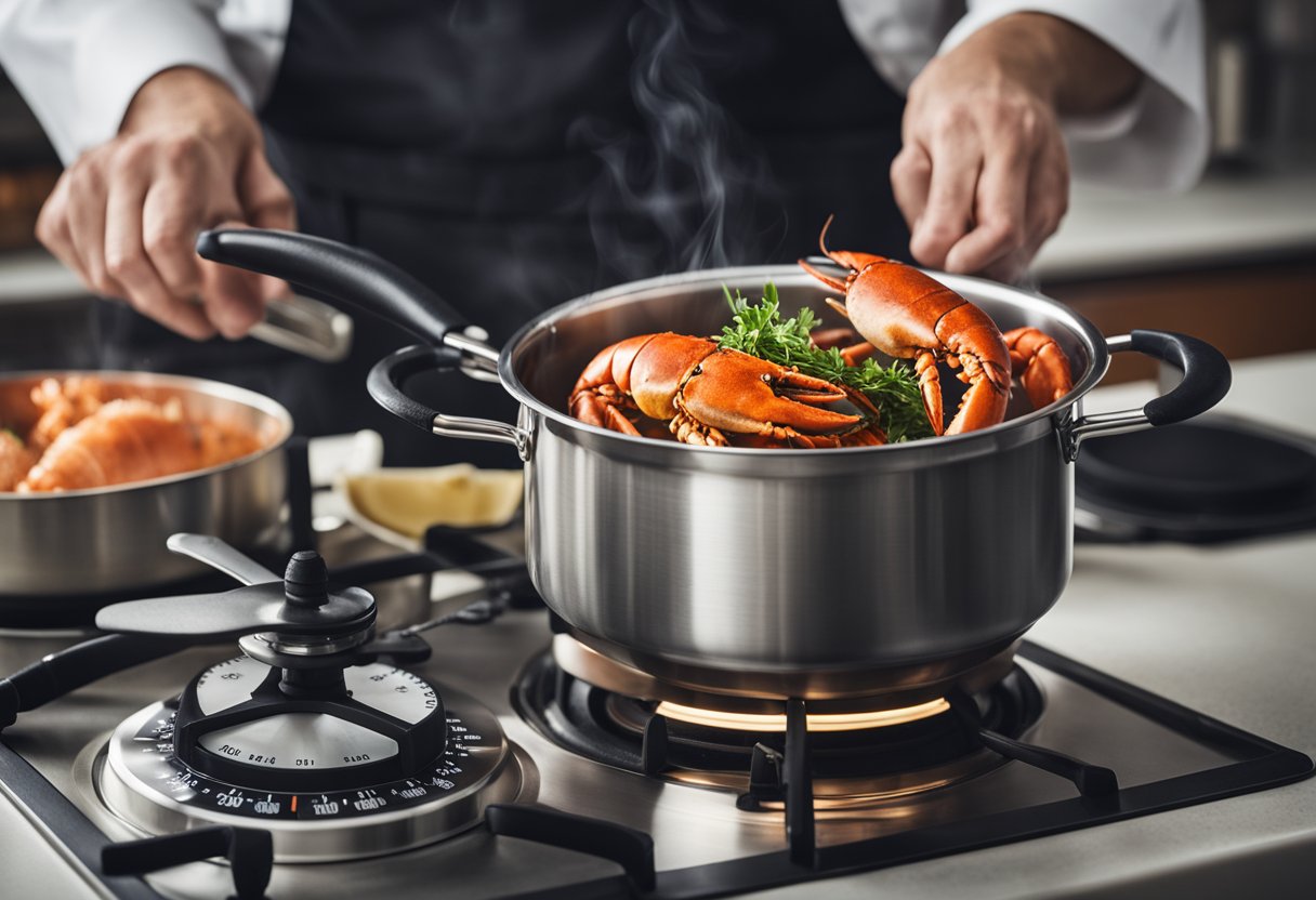 A pot of boiling water with a lobster being lowered in. A chef's hat and apron nearby. A kitchen timer set for 10 minutes