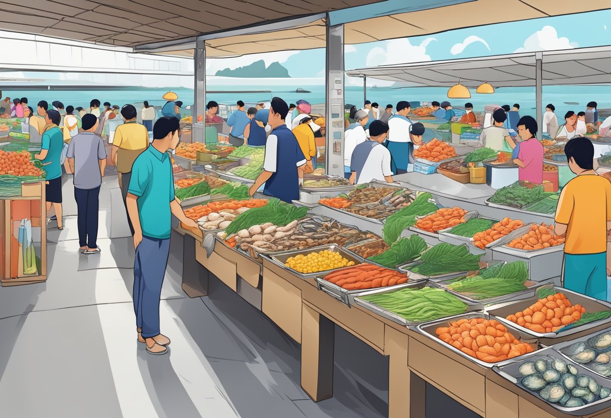 A bustling seafood market in Punggol, Singapore. Colorful stalls display a variety of fresh seafood, while customers browse and make purchases