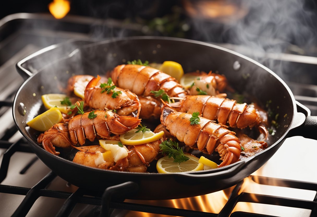 Lobster tails sizzling in a hot frying pan, turning golden brown and releasing a savory aroma. Butter and seasoning being added for a mouthwatering finish