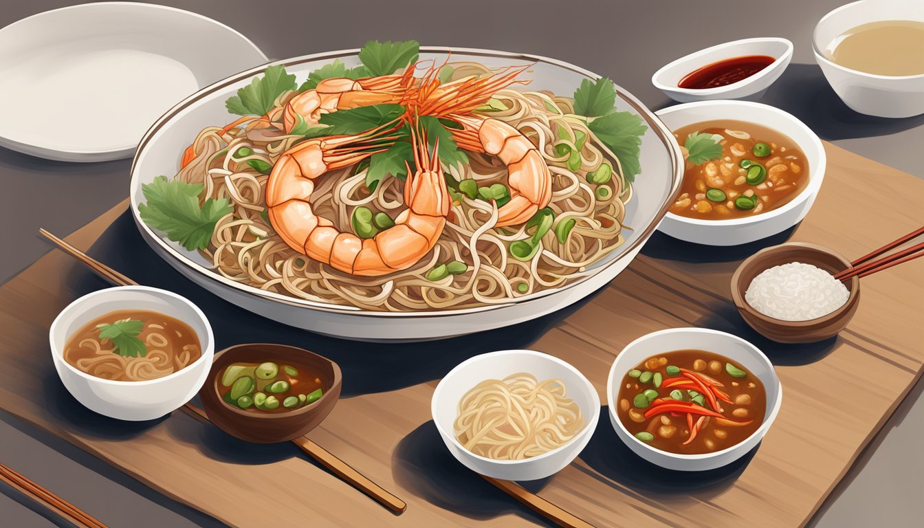 A steaming plate of hainan fried hokkien prawn mee, surrounded by chopsticks and a small bowl of chili sauce