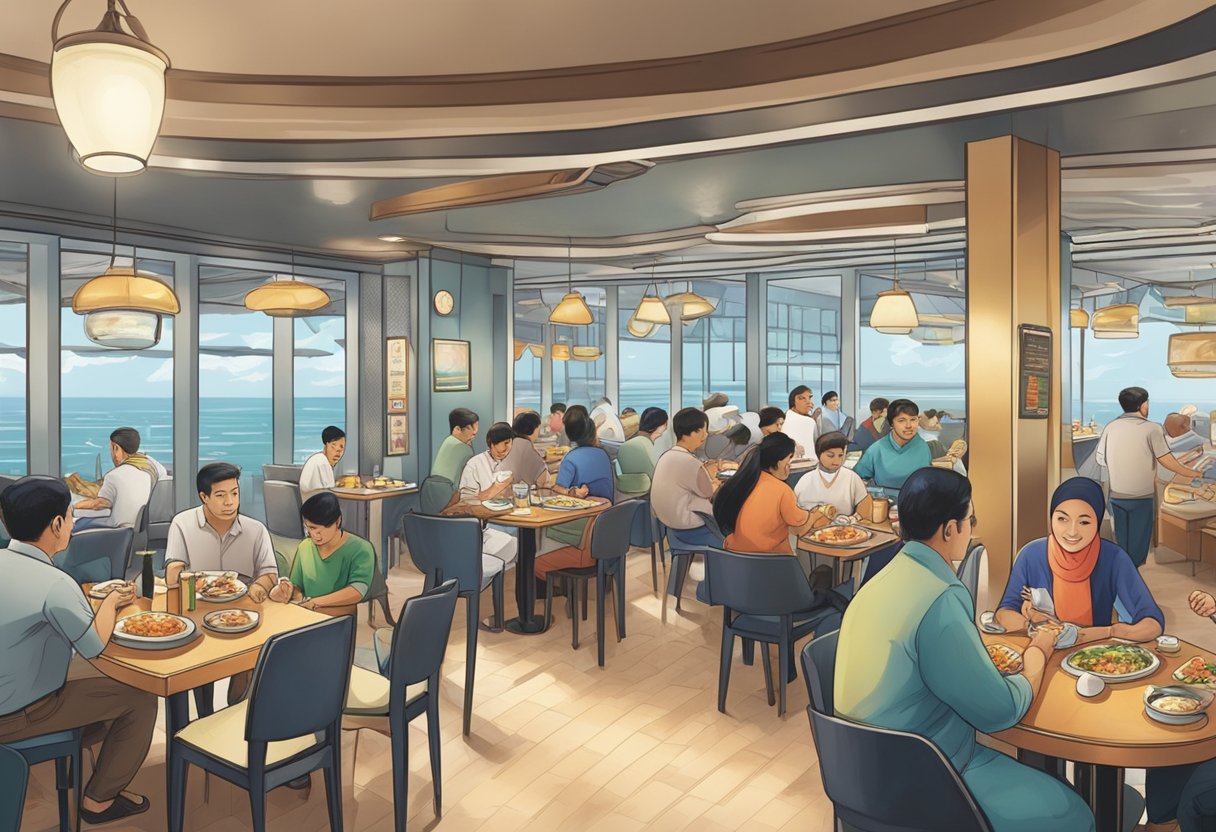 A bustling seafood restaurant in Punggol, Singapore proudly displays its Halal certification. Diners enjoy their meals while following proper dining etiquette