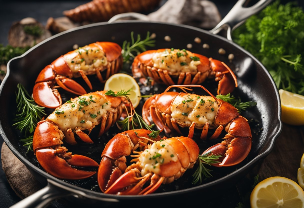 Lobster tails sizzling in a hot frying pan, turning golden brown and releasing a savory aroma. Butter and herbs bubbling around the edges, creating a mouthwatering dish