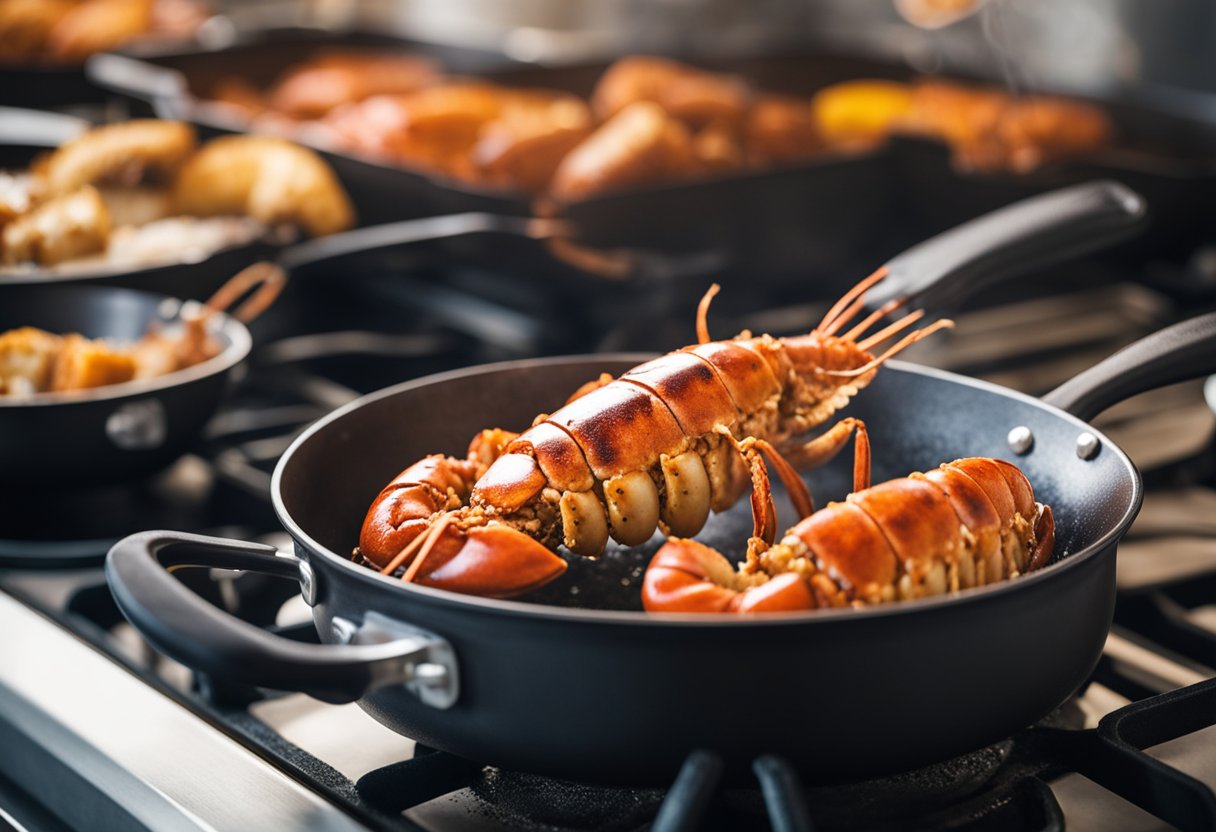 Lobster tails sizzling in a hot frying pan, turning golden brown. Steam rising, aroma filling the kitchen. Utensils nearby for flipping and serving