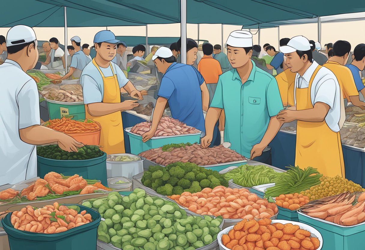 A bustling seafood market in Punggol, Singapore, with vendors and customers discussing and inspecting various halal seafood options