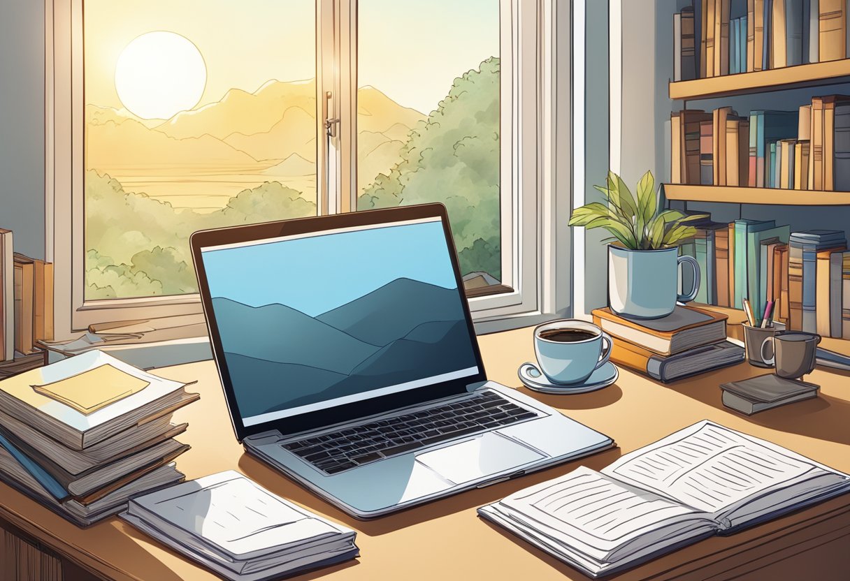 A laptop surrounded by books and a stack of papers, with a coffee mug and pen. An open window reveals a sunny day