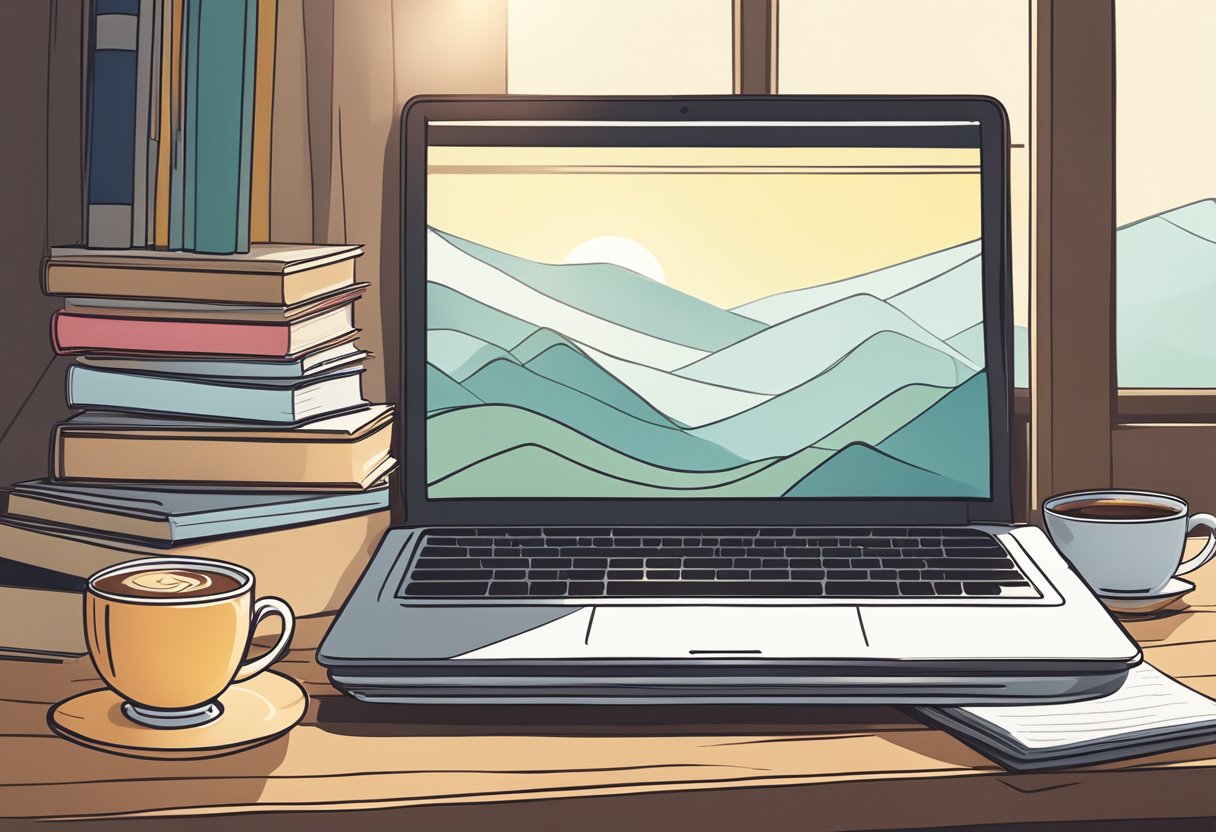 A laptop on a desk with a notepad, pen, and coffee mug. A stack of books on writing next to it. A window with natural light