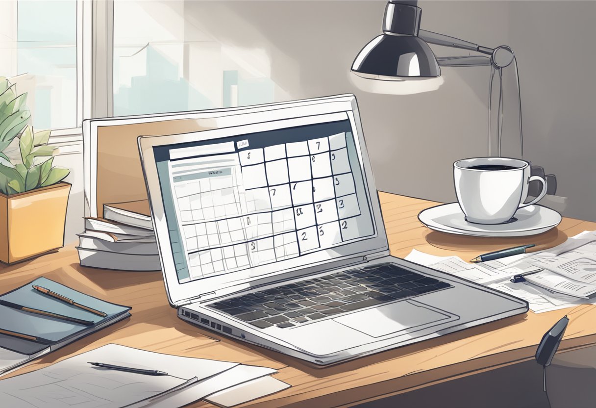 A laptop, notebook, and pen sit on a desk with a stack of papers. A calendar hangs on the wall with deadlines marked. A cup of coffee steams nearby