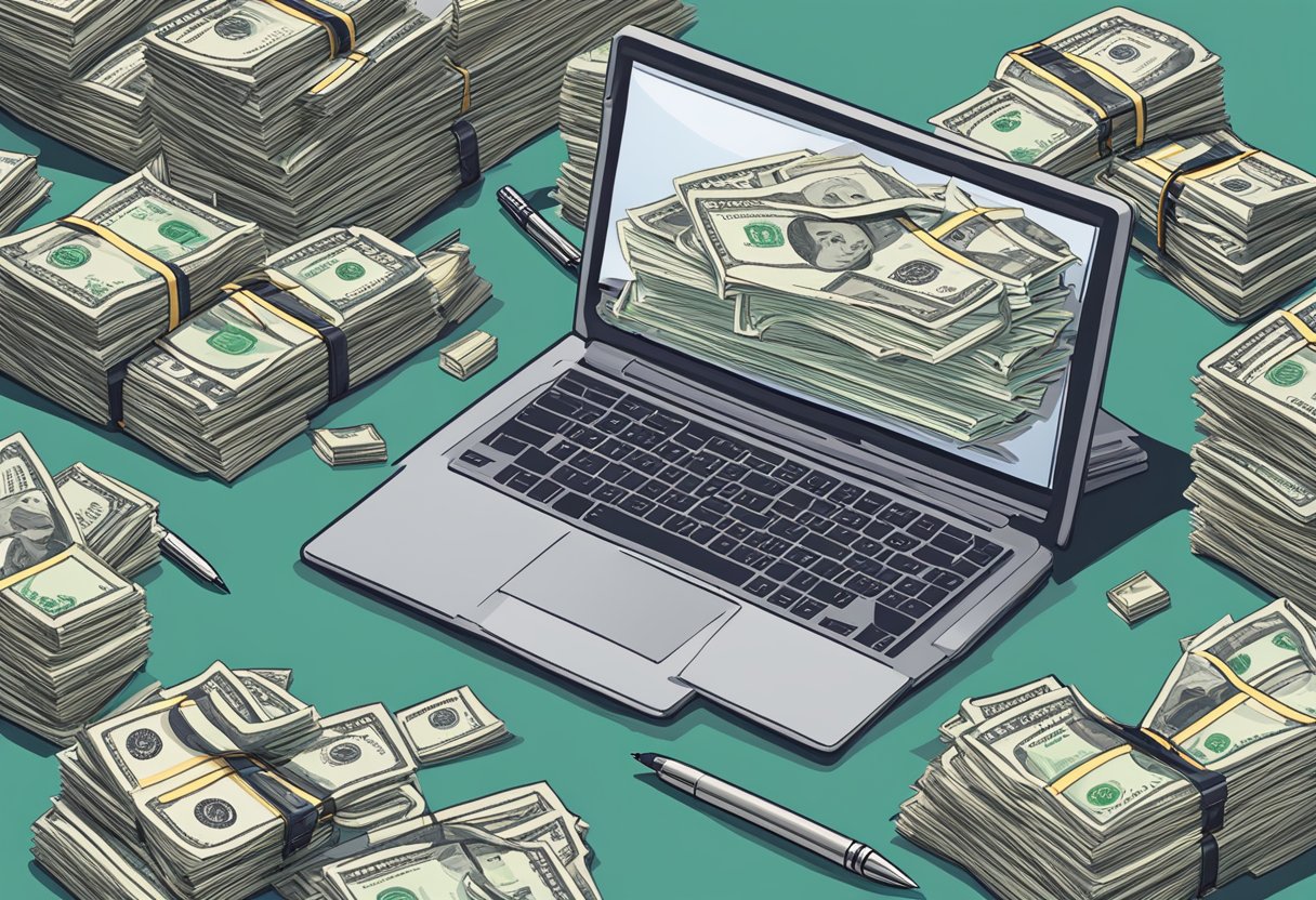 A laptop surrounded by stacks of cash and a pen, symbolizing freelance writing as a lucrative online money-making opportunity