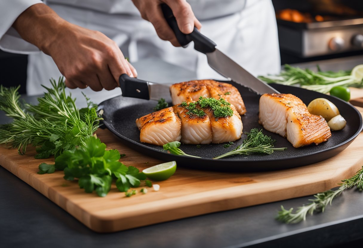 Monk fish being seasoned and seared in a hot pan, then finished in the oven. A chef's knife and cutting board with fresh herbs in the background