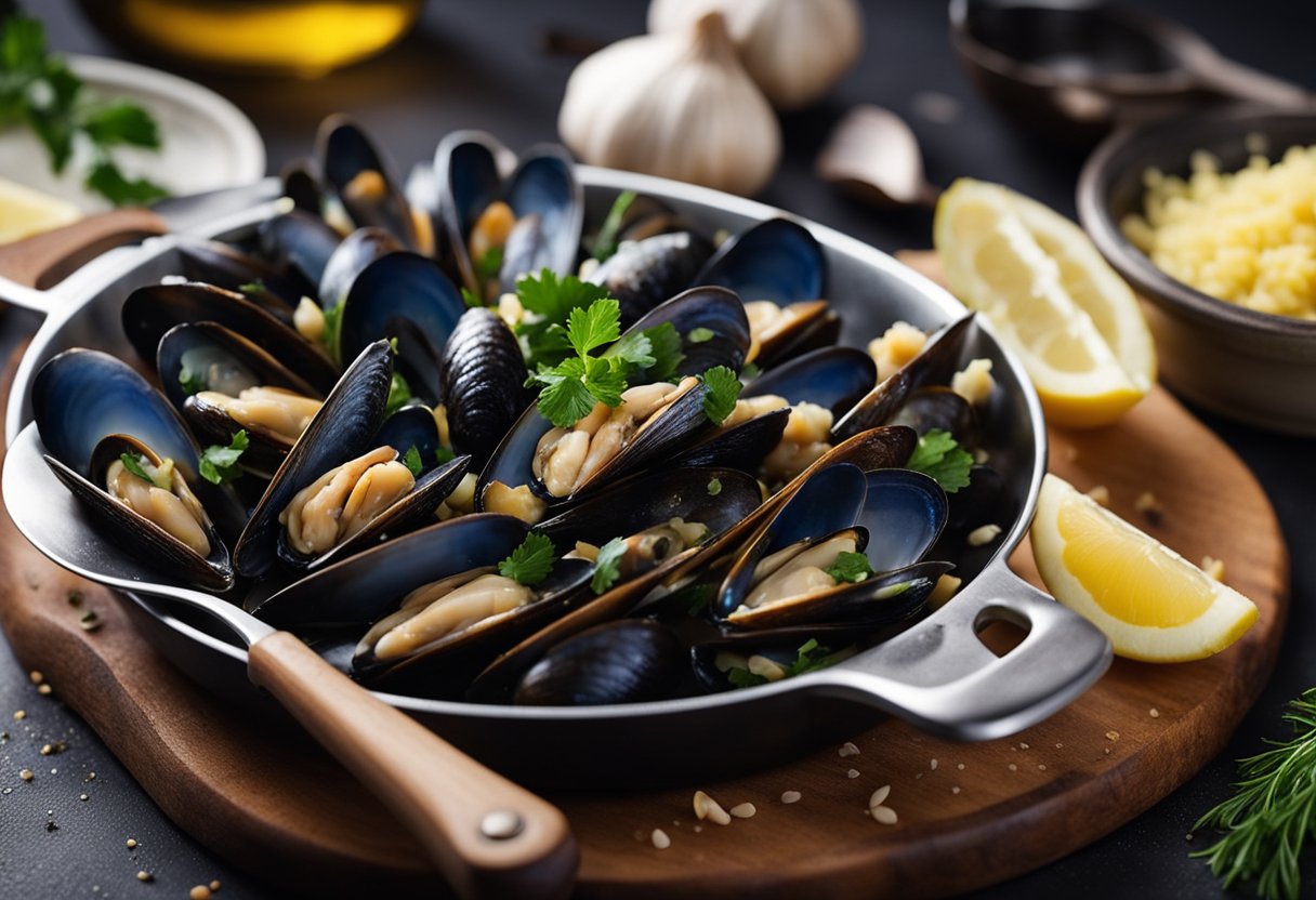 Mussels are being cleaned, garlic is being minced, and butter is being melted in a pan. Ingredients are arranged neatly on a cutting board